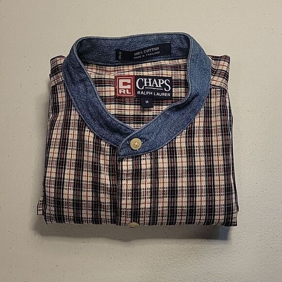Chaps Ralph Lauren Men's Button Down Long Sleeve Plaid Denim Collar  Vintage 90s - Picture 9 of 9